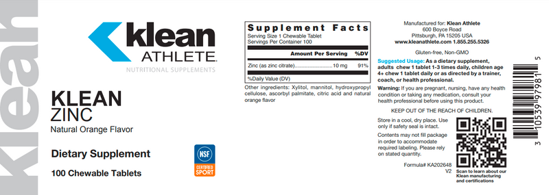 KLEAN ZINC (Douglas Labs) Label