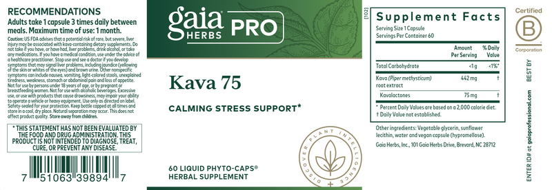 Kava 75 (Gaia Herbs Professional Solutions) Label