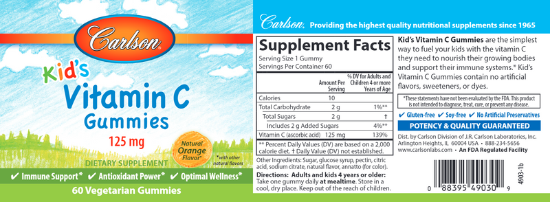 Kid's Vitamin C Gummies (Carlson Labs) Label