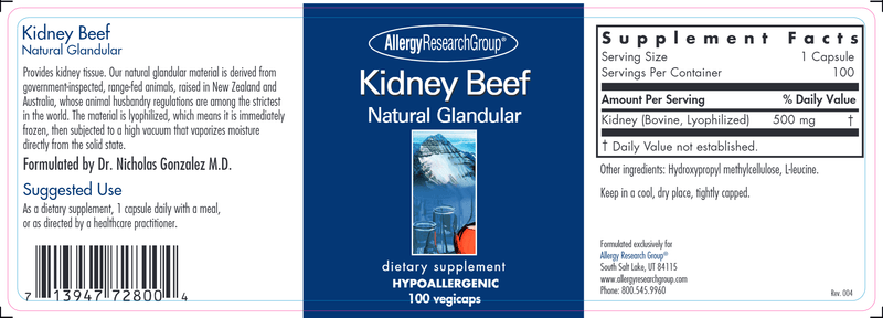 Kidney Beef (Allergy Research Group) label