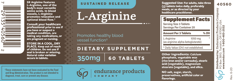 L-Arginine SR (Endurance Product Company) Label