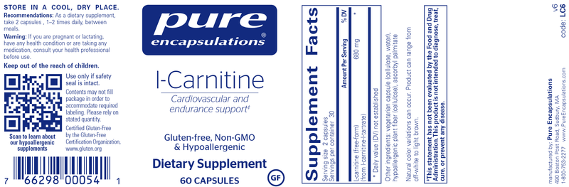 L-Carnitine 60 caps (Pure Encapsulations) label