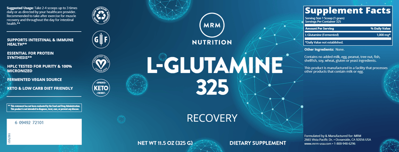 L-Glutamine Powder (Metabolic Response Modifier) 325g Label