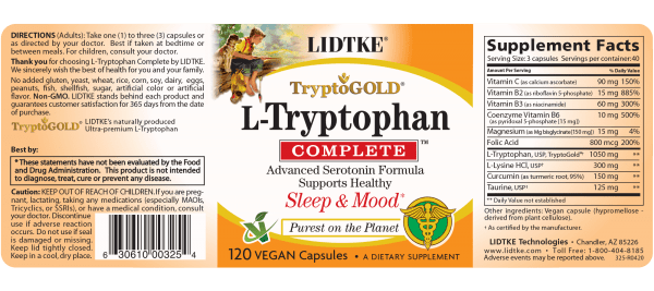 L-Tryptophan Complete 120 caps (Lidtke) Label