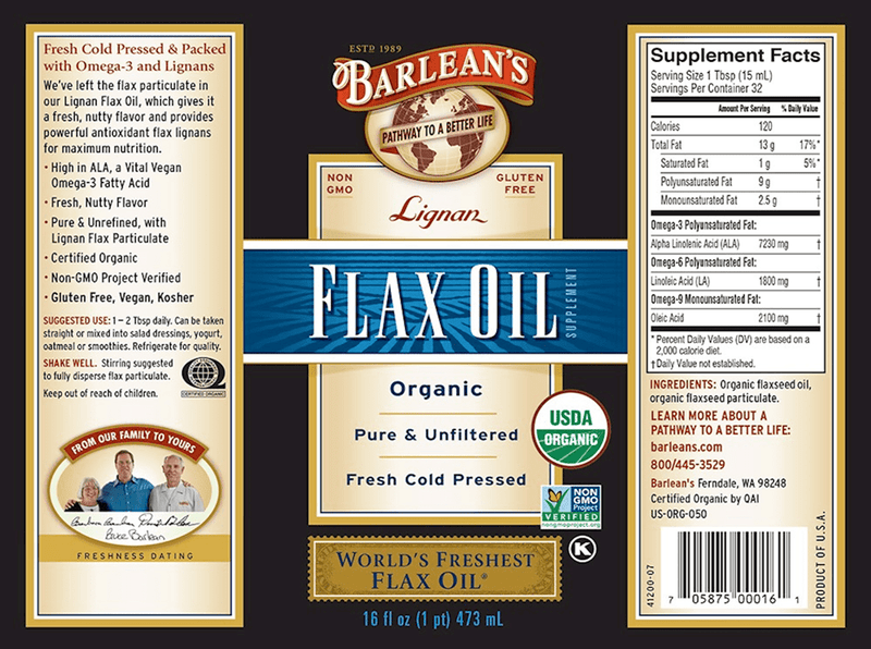 Lignan Flax Oil (Liquid) 16oz (Barlean's Organic Oils) Label