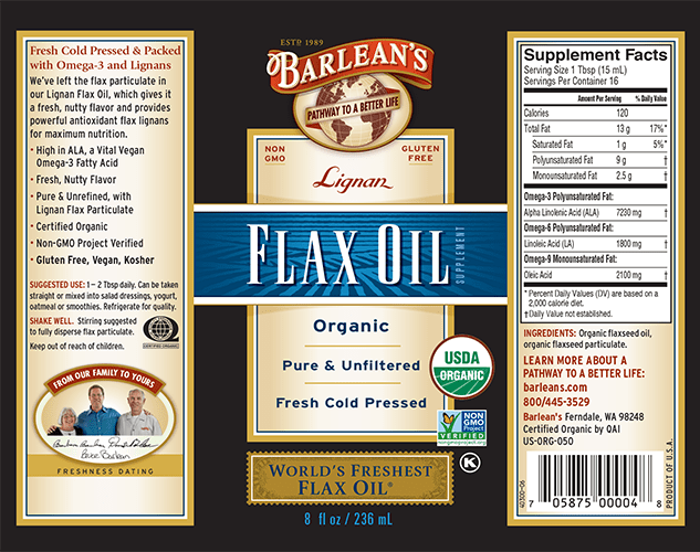 Lignan Flax Oil (Liquid) 8oz (Barlean's Organic Oils) Label