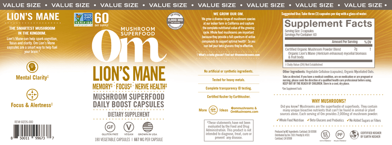 Lion's Mane Capsules (Om Mushrooms) 180 capsules label