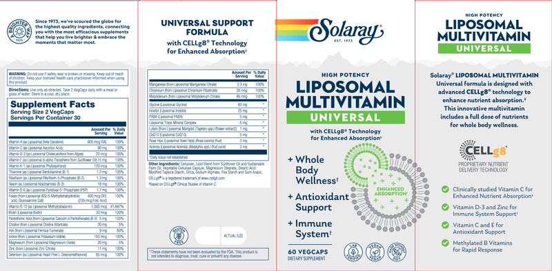 Liposomal Universal MultiVitamin Solaray label