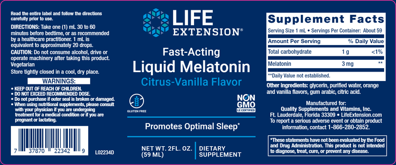 Liquid Melatonin Citrus-Vanilla (Life Extension) Label