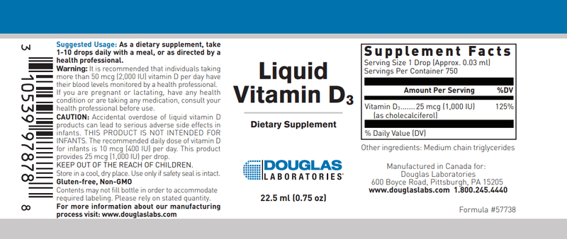 Liquid Vitamin D3 (Douglas Labs) Label