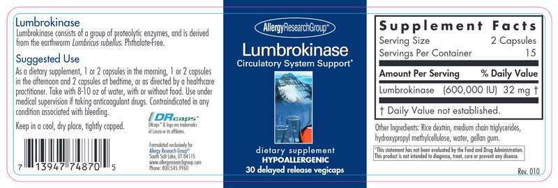 Lumbrokinase Delayed Release Vegicaps 30 Count