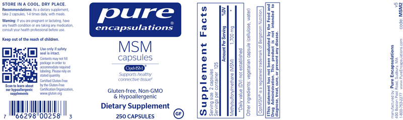 MSM Capsules 250 caps (Pure Encapsulations) label