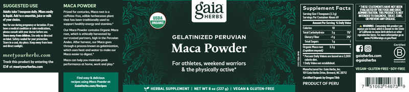 Maca Powder 8oz (Gaia Herbs) Label