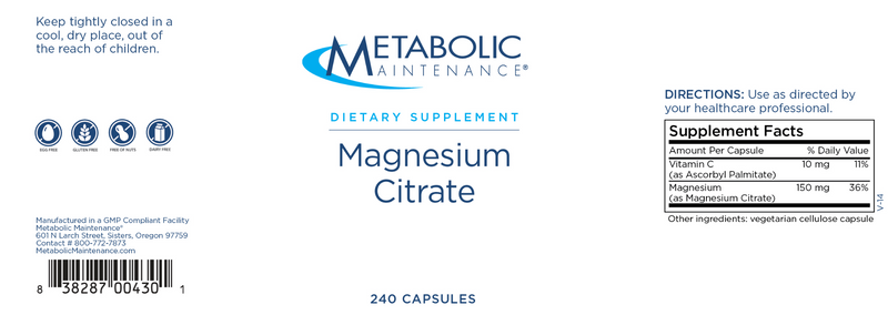 Magnesium Citrate (Metabolic Maintenance) 240ct Label