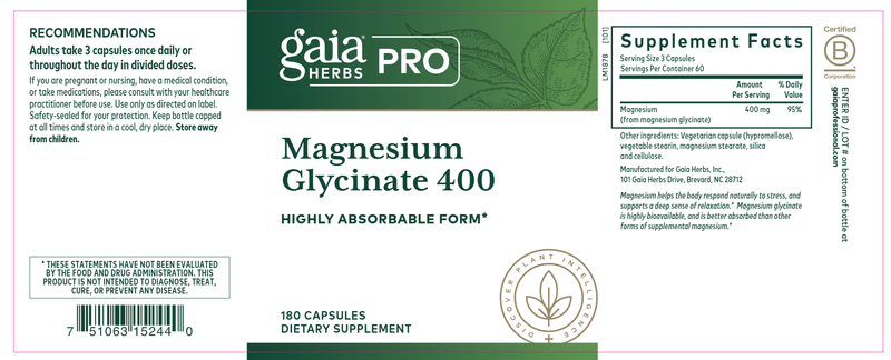 Magnesium Glycinate 400 (Gaia Herbs Professional Solutions) Label