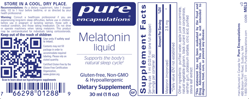 Melatonin Liquid 30 ml (Pure Encapsulations) label