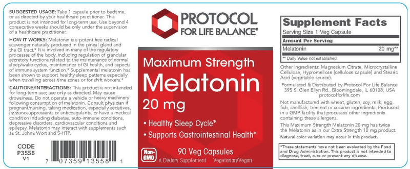 Melatonin Max Strength 20 mg (Protocol for Life Balance) Label