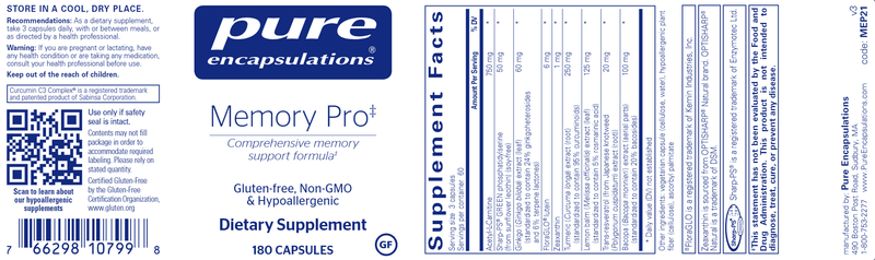 Memory Pro 180 caps (Pure Encapsulations) label