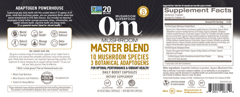 Mushroom Master Blend Capsules (Om Mushrooms) 80 capsules label