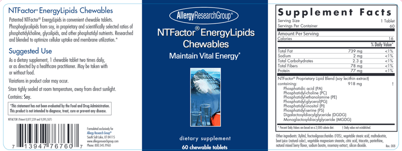 NTFactor® EnergyLipids Chewable Wafers (Allergy Research Group) label