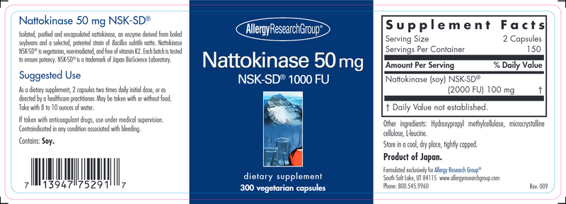 Nattokinase 50 mg 300 caps Allergy Research Group label