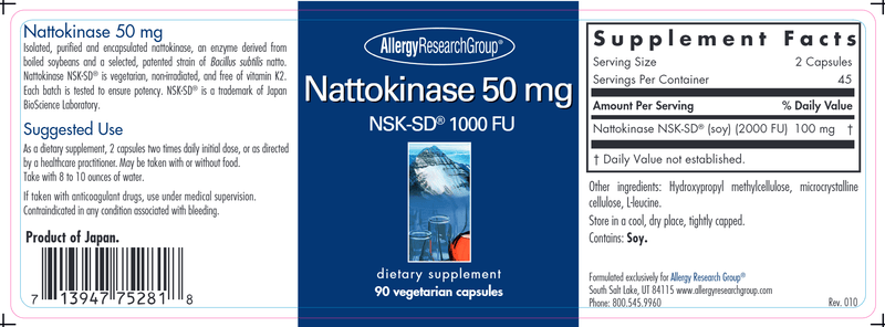 Nattokinase 50 mg 90 caps Allergy Research Group label