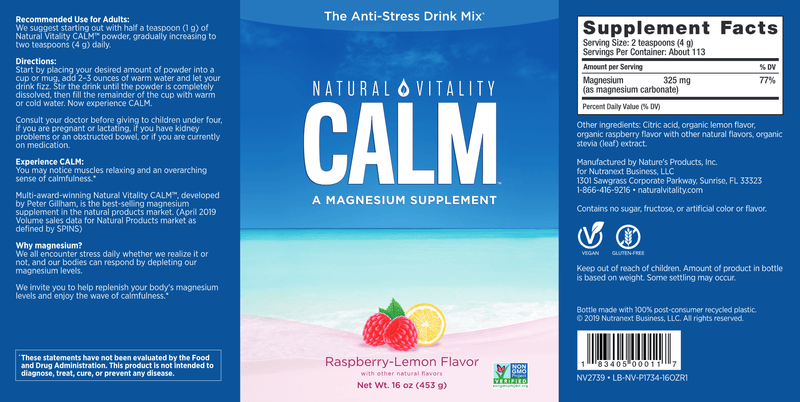 Natural Calm Raspberry-Lemon (Natural Vitality) 16oz Label