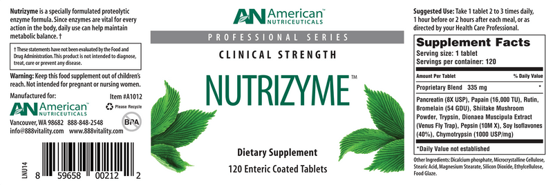 Nutrizyme (American Nutriceuticals, LLC) Label