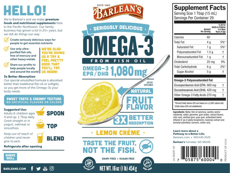 Omega-3 Lemon Creme (Barlean's Organic Oils) Label