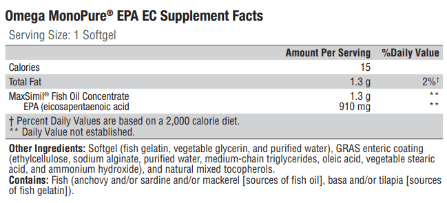 Omega MonoPure EPA EC (Xymogen) Supplement Facts