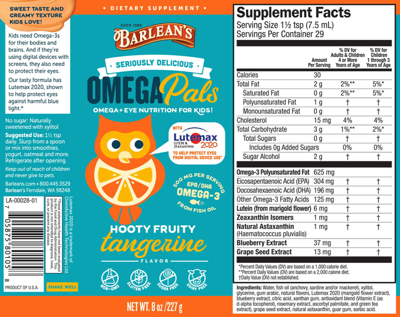 Omega Pals Omega Eye Tangerine (Barlean's Organic Oils) Label