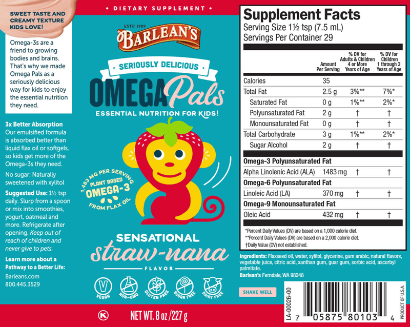 Omega Pals Straw-nana Flax Oil (Barlean's Organic Oils) Label