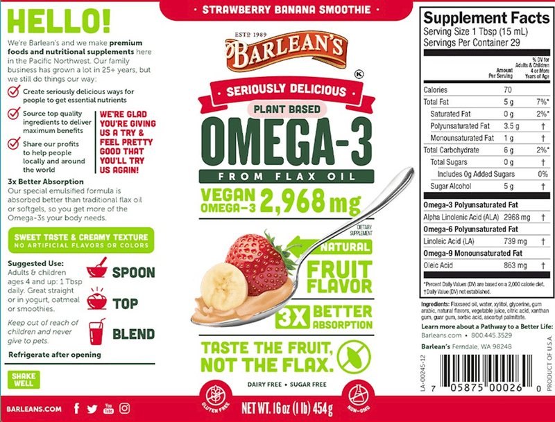 Omega Swirl Flax Oil Strawberry Banana (Barlean's Organic Oils) Label