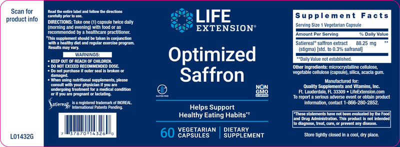 Optimized Saffron with Satiereal (Life Extension) Label