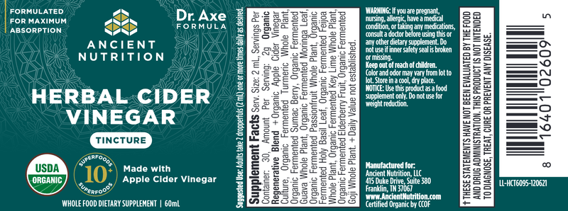 Organic Herbal Cider Vinegar Tincture (Ancient Nutrition) Label