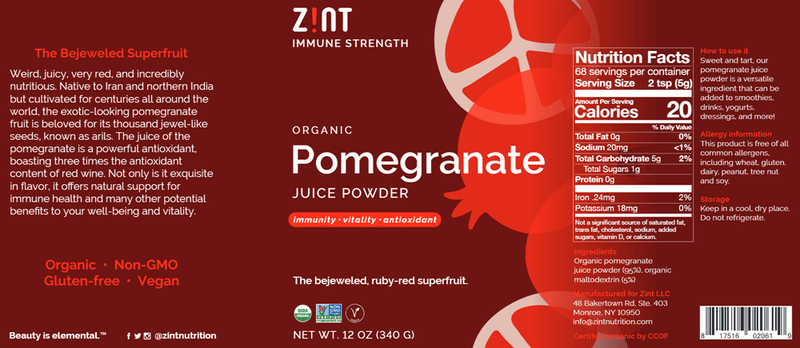 Organic Pomegranate Juice Powder (Zint Nutrition) Label