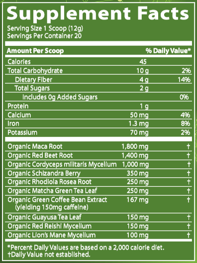 Organic Pre-Workout Island Fusion (Metabolic Response Modifier) Supplement Facts