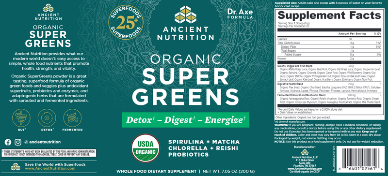 Organic SuperGreens Powder (Ancient Nutrition) Label