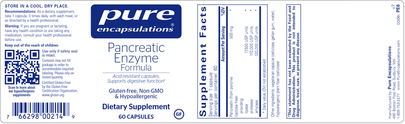 Pancreatic Enzyme Formula 60 caps (Pure Encapsulations) label