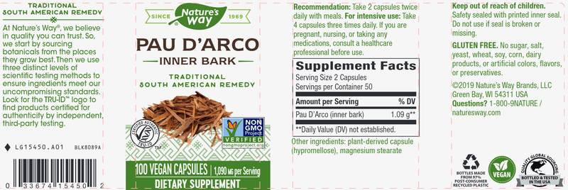 Pau d'Arco Inner Bark 100 Caps (Nature's Way) Label