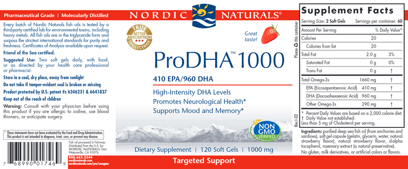 ProDHA 1000 Soft Gels Strawberry 120 Count (Nordic Naturals) label