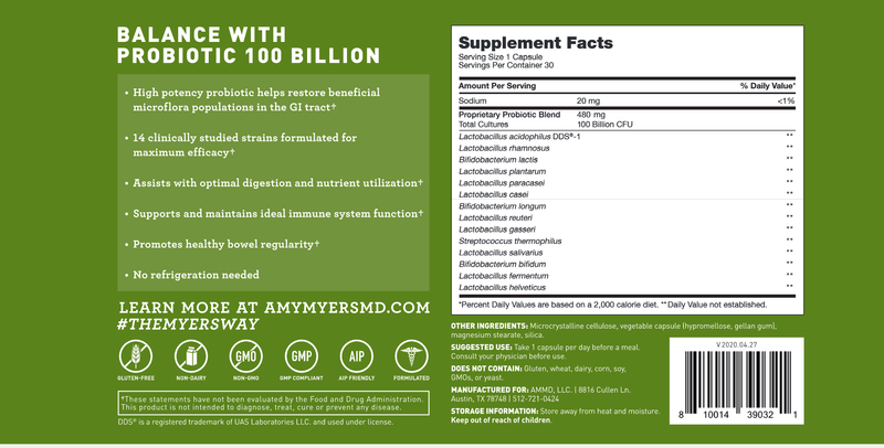 Probiotic Capsules 100 Billion (Amy Myers MD) Label