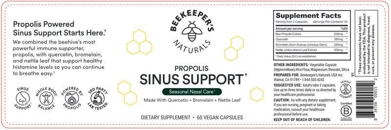 Propolis Sinus Support Beekeeper's Naturals Label