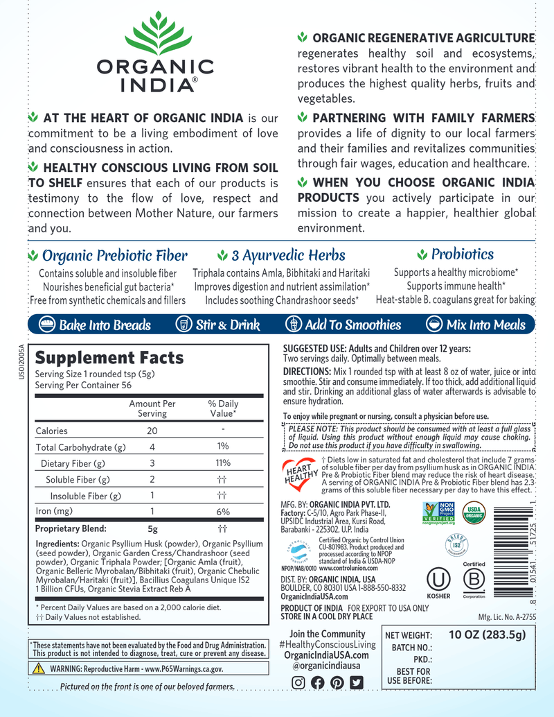 Psyllium Pre & Probiotic Fiber Original Organic India Label