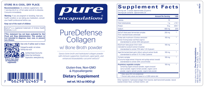 PureDefense Collagen w/ Bone Broth powder (Pure Encapsulations) label