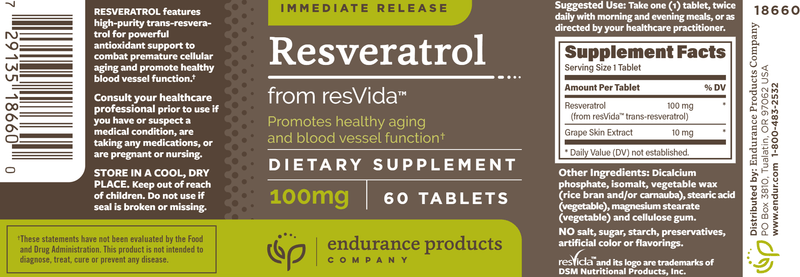 Resveratrol IR (Endurance Product Company) Label