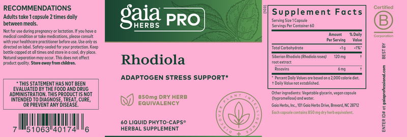 Rhodiola Rosea 60count (Gaia Herbs Professional Solutions) Label