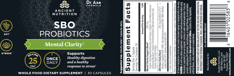 SBO Probiotics Mental Clarity (Ancient Nutrition) Label