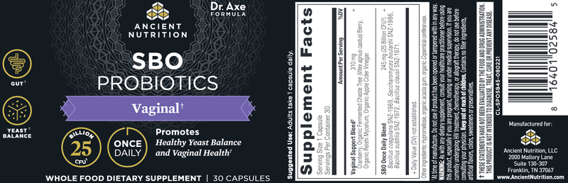 SBO Probiotics Vaginal (Ancient Nutrition) Label