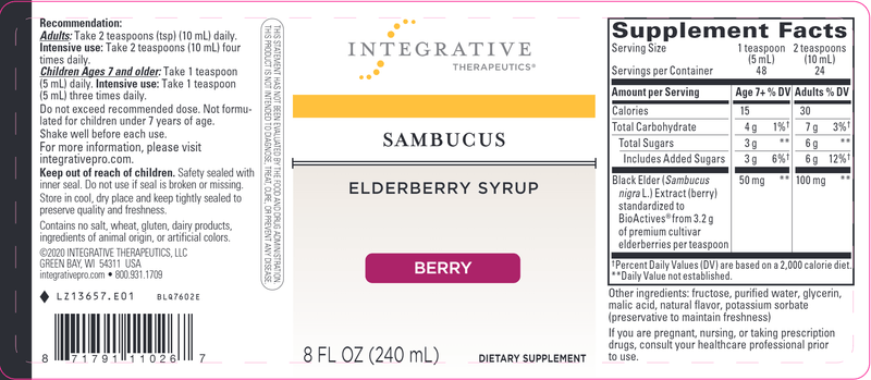 Sambucus Black Elderberry Syrup 8oz. (Integrative Therapeutics) Label